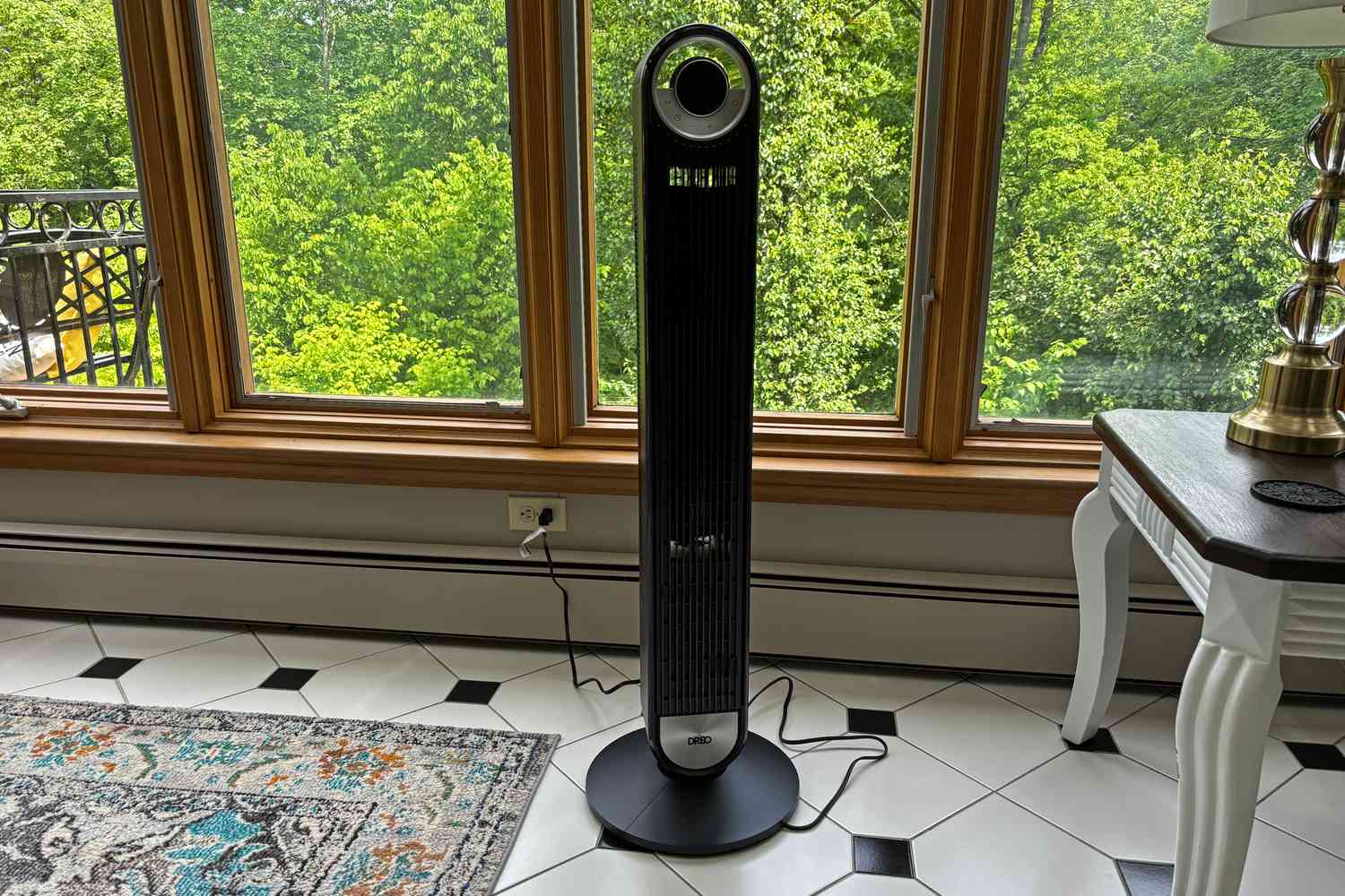 The DREO The Cruiser Pro T2 42 Inch Fan plugged into the wall