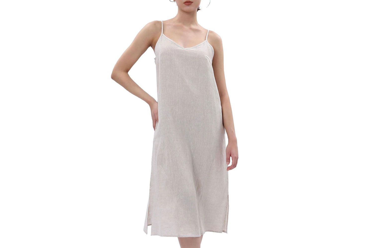 Amazhiyu Womens Pure Linen Summer V Neck Midi Spaghetti Strap Slip Dress