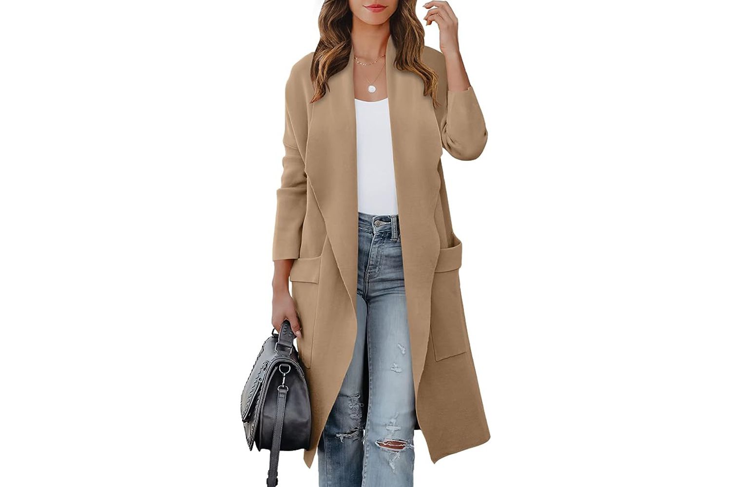 Amazon October Prime Day ANRABESS Women's Casual Long Sleeve Draped Open Front Knit Pockets Long Cardigan
